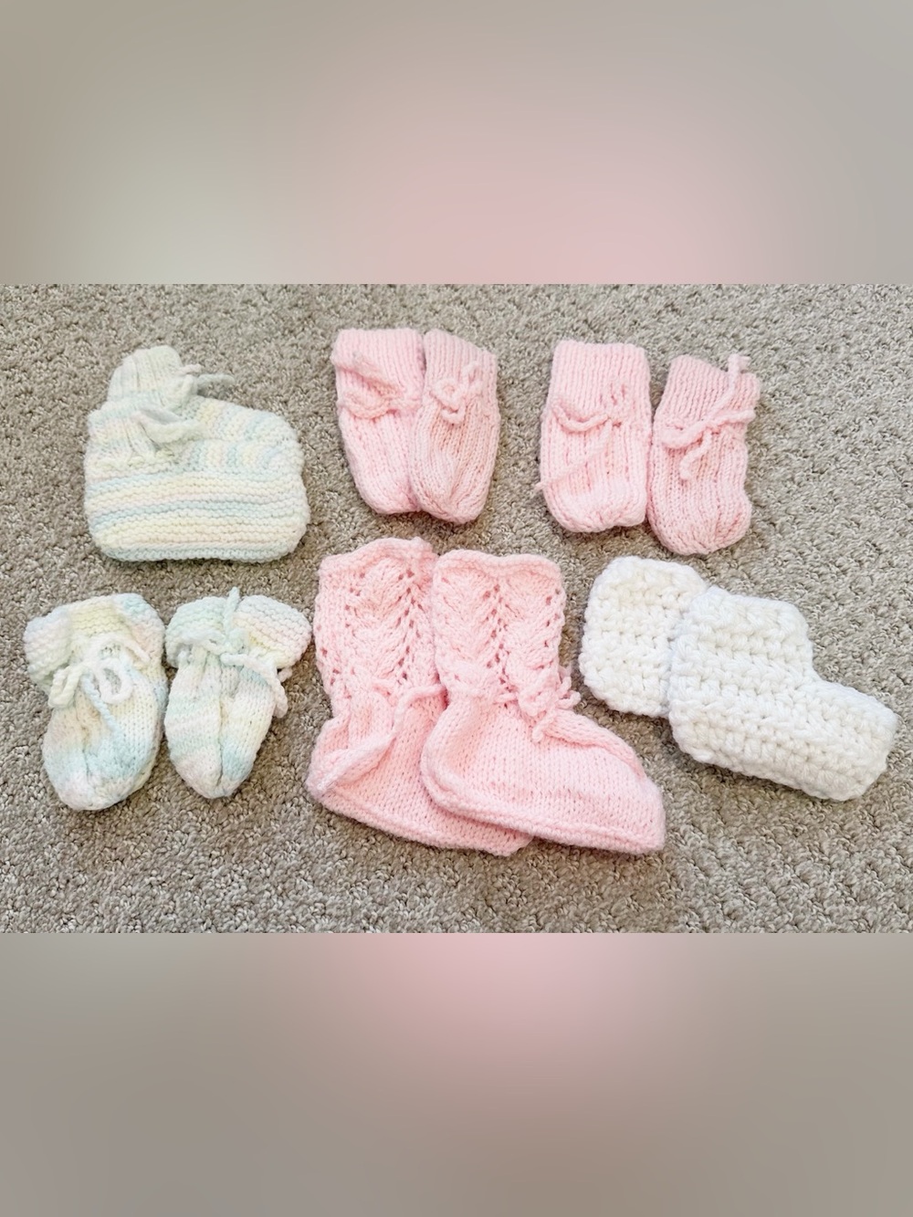 Vintage Baby Crochet Knit Lot 6 Mittens Booties Shoes Pink Pastel 1960s 1970s